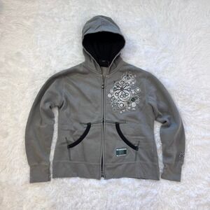 Y2K NASCAR Gray Floral Graphic Zip Up Hoodie Medium